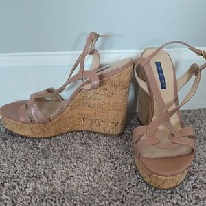 Stuart Weitzman cork wedge platform tan strappy shoes-9